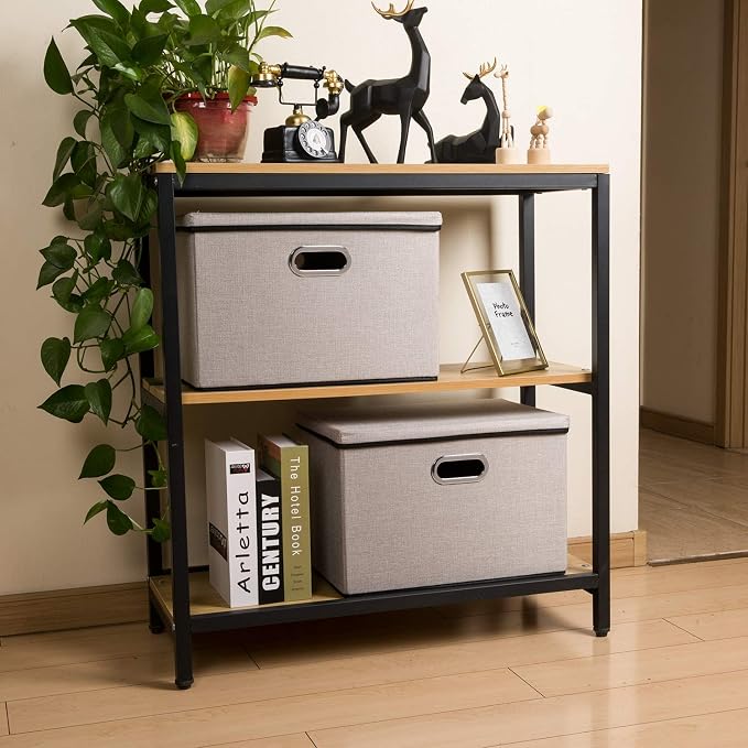 Large Foldable Storage Bins with Lids [3-Pack] linenFabric Decorative Storage Boxes Organizer Containers Baskets Cube with Handles Divider for Bedroom Closet Office Light Grey(17.7x11.8x11.8)