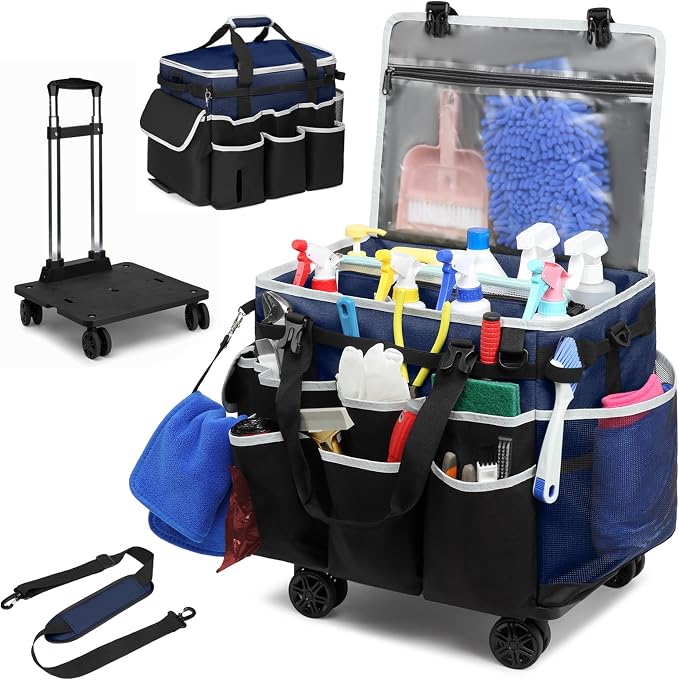 Large Rolling Cleaning Caddy Bag with Detachable Trolley, Full Support Plates for Professional Cleaning Supplies Bag, Organizer Bag with 4 Universal Wheels for Housekeepers, Car Wash (Blue)