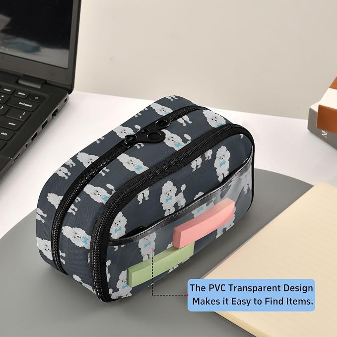 Cute Pets Poodle Black pattern Large Capacity Pencil Case with Zipper Water Resistant Portable Organizer Pen Bag for School Office Students