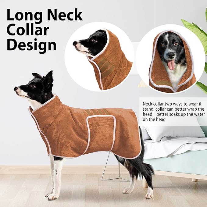Dog Bathrobe Towel Dog Drying Coat - Super Absorbent Towels Bath Robe for Dogs Large, Soft Adjustable Collar & Belly Strap Fast Drying Coat Pet Cat Bath Robe (Brown, Large)