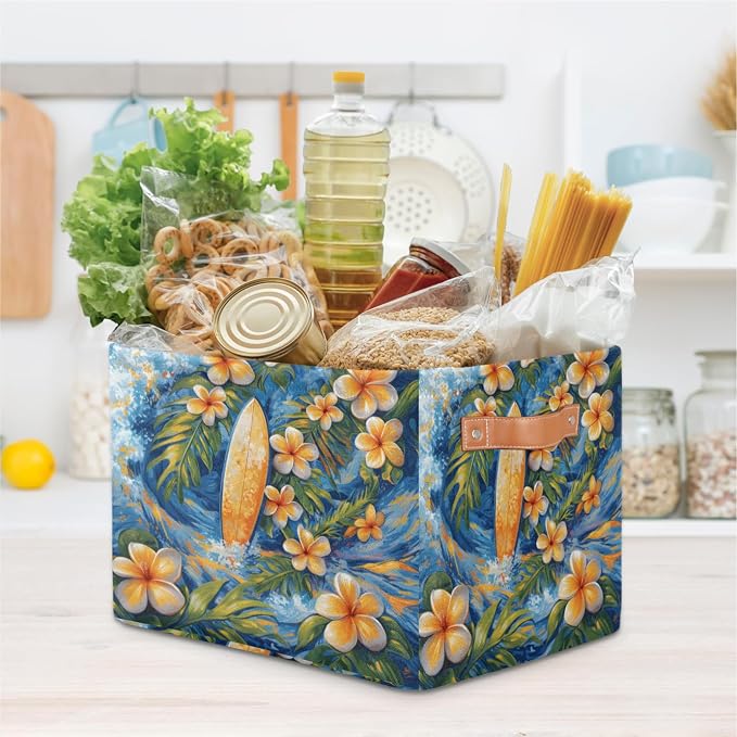 Hawaiian Plumeria Flowers Storage Boxes Theme Storage Nursery Baskets with Handle Closet Collapsible Organizer Shelf Bins for Book Cloth 15x11x9.5 IN