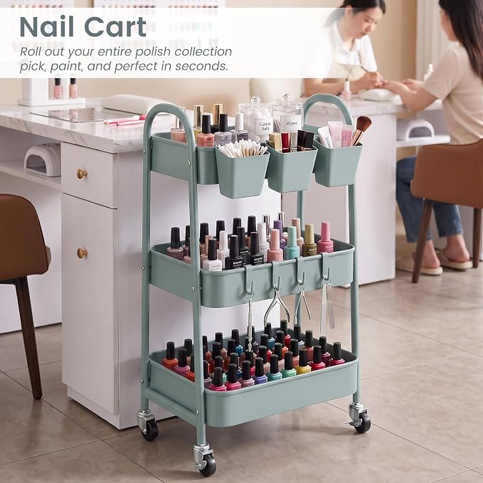 danpinera 3-Tier Rolling Cart, Utility Cart Mobile Metal Rolling Storage Cart with Lockable Wheels & Hanging Cups & Hooks for Kitchen, Bathroom, Office, Workshop, Gray Blue