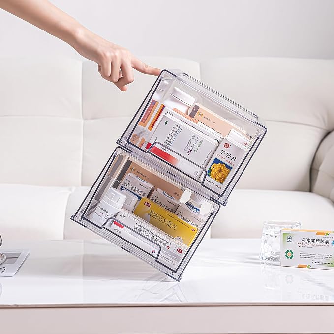 2 Pack Stackable Organizer Drawers, Clear Desk Storage Box,Transparent Drawer in Home, Office and Kitchen Pull Out Organizer Bins for Make Up, Pen, Desktop Stationary (2Extra Large)