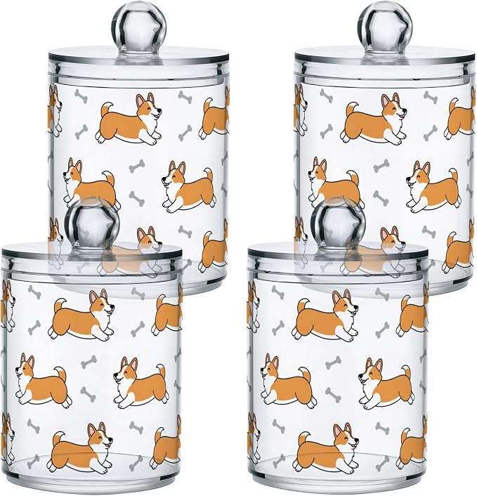 DOMIKING 2 Pack Plastic Cotton Swab Ball Pad Holder Cute Pets Dogs White Print Jars Bathroom Storage Organizer Vanity Canister Jar with Lid for Cotton Rounds Floss Picks Bath Salts