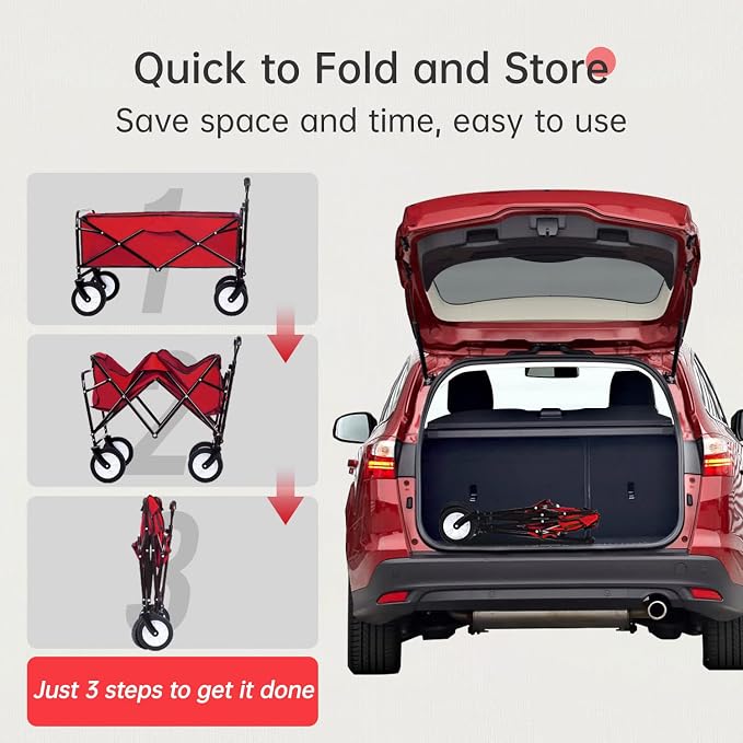 FDW Collapsible Wagon Folding Beach Grocery Garden Cart with 4 Universal Wheel for Shopping Park Picnic, Trip, Outdoor Activities, Camping(Red)
