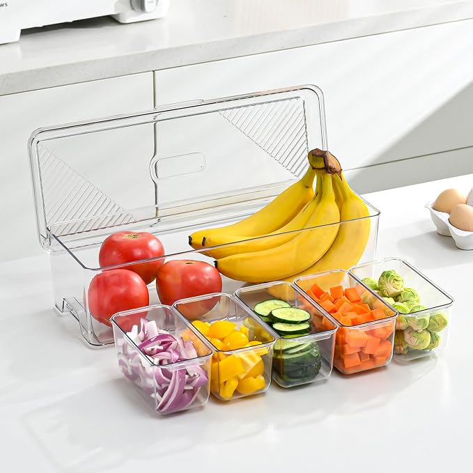 Large Chilled Condiment Caddy,Stackable Chilled Condiment Containers Server with Lids for 5 Removable Compartments (5 Containers, 2 pack)