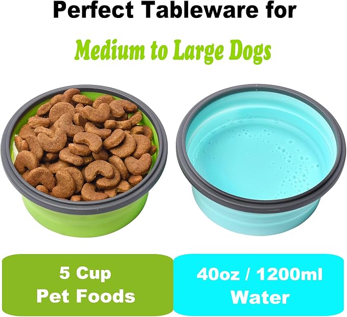 Large Collapsible 40 OZ Travel Dog Bowls, 2 Pack with Lids, Foldable Silicone Food & Water Bowl for Large Dogs, Lightweight & Leak Proof, Perfect for Outdoor Travel, Camping & Hiking