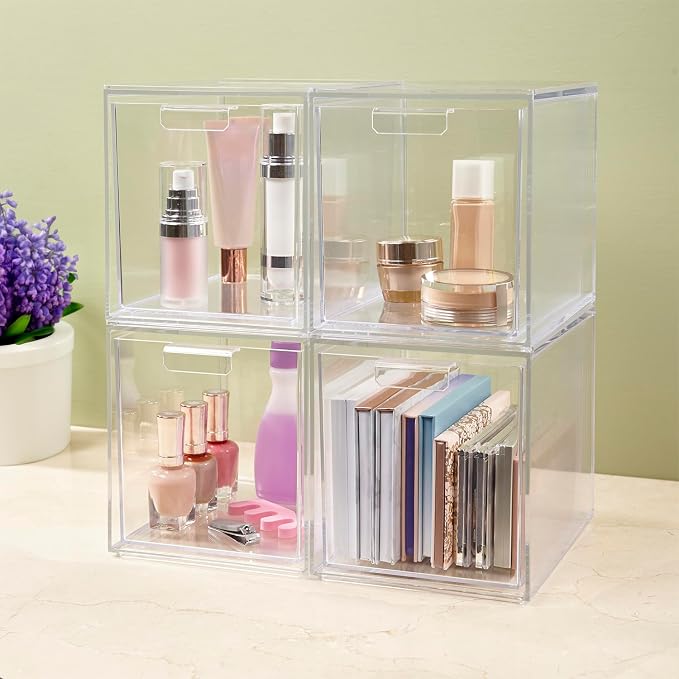 STORi Audrey Stackable Bin Clear Plastic Organizer Drawers | 2 Piece Set | Organize Cosmetics and Beauty Supplies on a Vanity | Made in USA (Pack of 6)