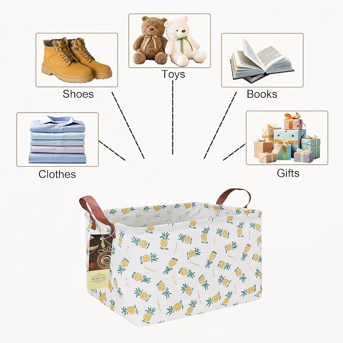 Rectangle Foldable Storage Basket Handles For Home, Pineapple | Waterproof canvas material, reinforced handles, perfect for shelf use, organizes clothes, daily items and pet supplies