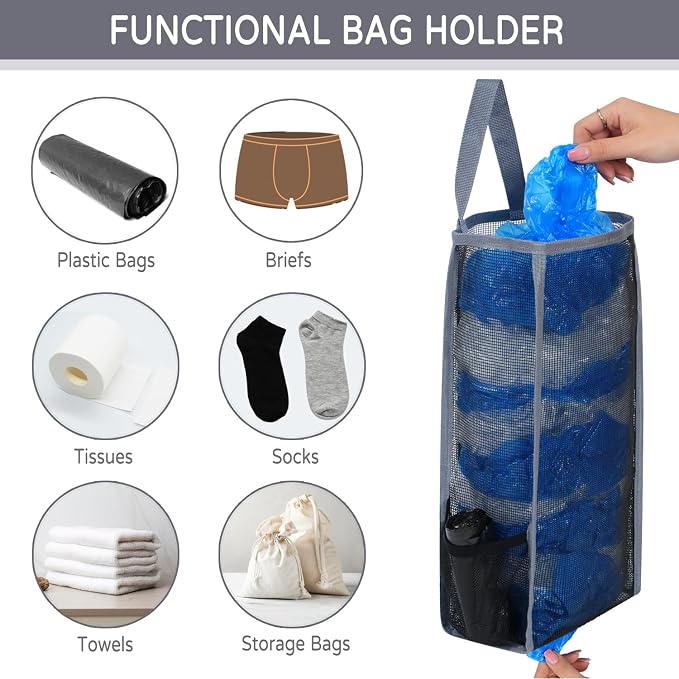 Plastic Bag Holder, Large Capacity Grocery Bag Holder, Breathable Mesh Plastic Bag Holders for Grocery Bags Storage, Lightweight Trash Bag Holder Dispenser Organizer (Dark Grey), LCBH007