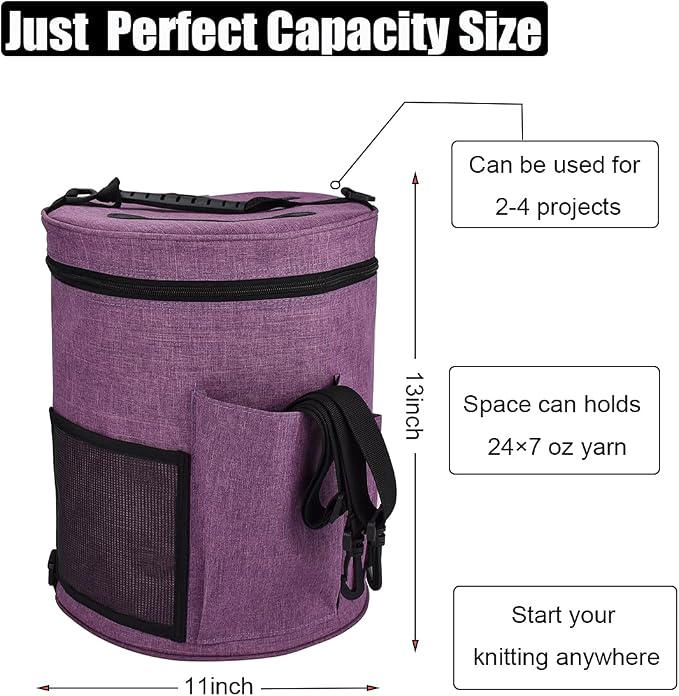 Weabetfu Large Capacity Portable Yarn Organizer Knitting Tote Storage Bag with Shoulder Strap Yarn Bags Have Pocket for Crochet Hooks,Knitting Needles & Accessories,Prevent Yarn Tangle(Purple)