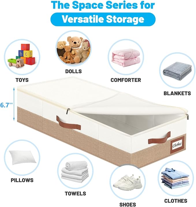 Under Bed Storage Container Bins 2 Pack, Low Profile Foldable Underbed Clothes Storage Organizer W/ Ultra Thick Fabric and Sturdy Bottom/Sides, Dual Zipper Storage Box for Dorm and Home 30x16x6.7"
