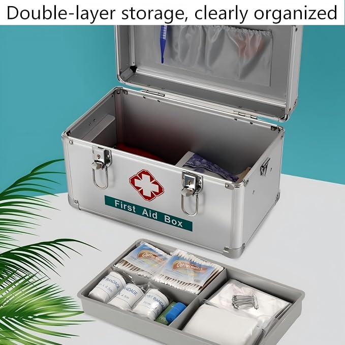 Metal First Aid Box Empty Aluminum Medicine Box Lock with Keys, 12.2 * 7.08 * 7.08” Medium Size Container with Handle, First Aid Kit Box Organizer, Silver