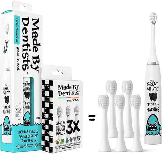 Made by Dentists Kids Electric Toothbrush - Rechargeable Vibrating Toothbrush with Timer, Includes 6 Replacement Heads, Gently Cleans Teeth, Kid & Toddlers Age 2+, Shark