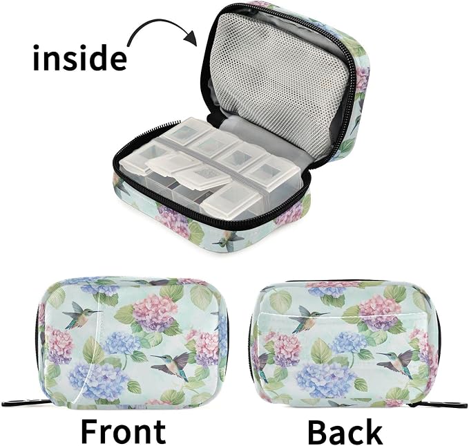 Fustylead Cute Hummingbirds and Hydrangea Floral Pill Organizer for Purse, Weekly Portable Pill Box with Zipper to Storage Vitamins Fish Oils Medications Supplements