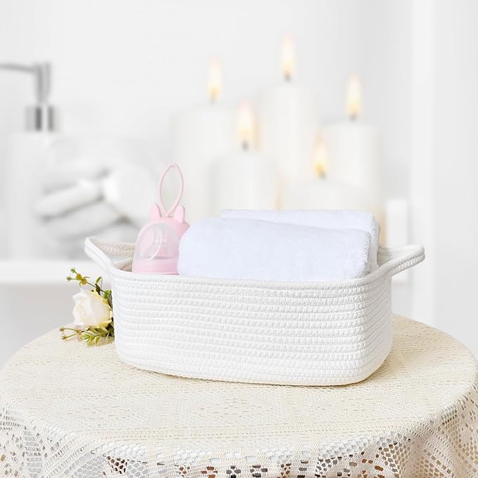 ABenkle Small Storage Basket with Handles, Cotton Rope Woven Dog Cat Toy Bin, Decorative Shelves Closet Organizing for Nursery Laundry Bedroom, 14.2''x 11''x 5.1''
