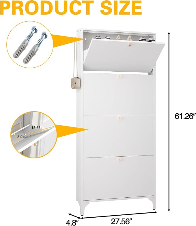 Shoe Cabinet with 4 Flip Drawers, Narrow Shoe Storage Cabinet, Farmhouse Shoe Organizer, Freestanding Organizer with Metal Legs for Entryway, Foyer (White, 4 Door)