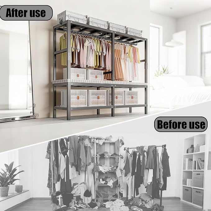 59.1in Heavy Duty Portable Closet, Foldable Wardrobe Closet with Cover, Metal Clothing Shelves for Clothes Organizers and Storage, for Bedrooms, Apartments, Rental Properties (Black, 59.1in)