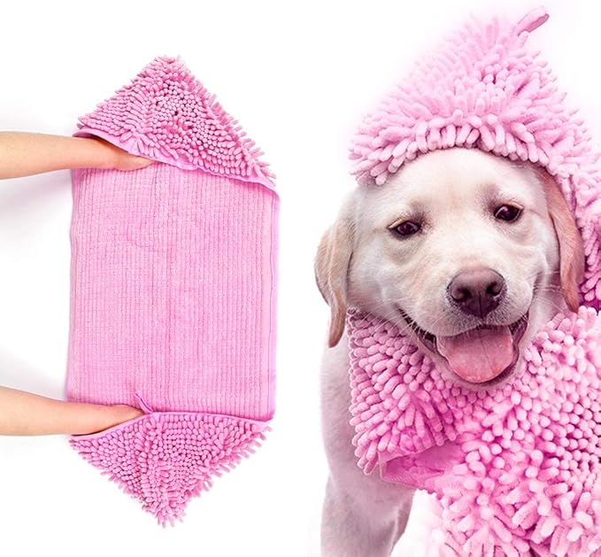 Dog Towel - Microfiber Super Shammy with Hand Pockets, Ultra Absorbent Quick Dry Pet Bath Towels for Small, Medium, Large Dogs and Cats (Medium, 24'' x 14'', Pink)