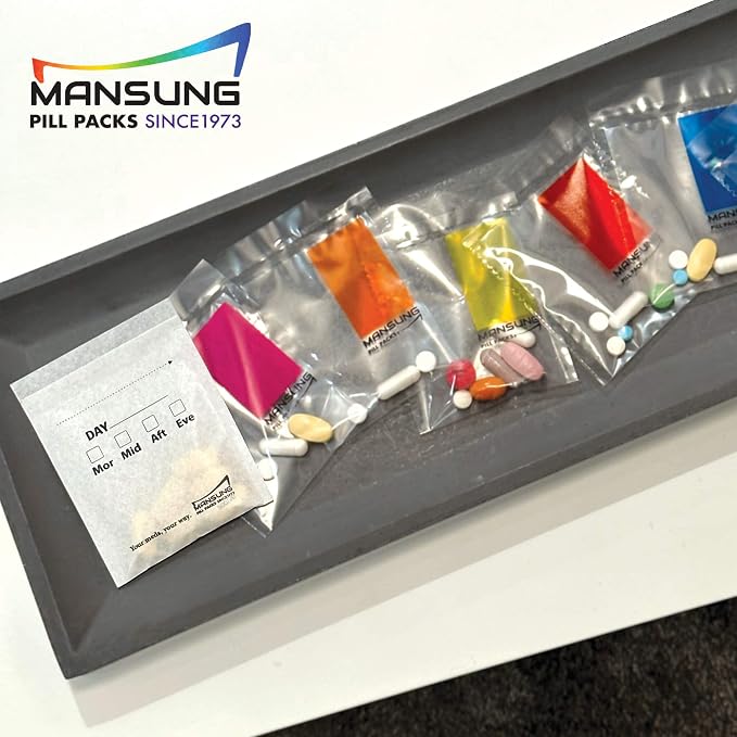 Mansung M 600 Bags/Parchment Paper- 4 Times a Day, Pill Bags, Suite, Sorter Organizer for Medication, Heat Seal Pill Bag pouche Pack Organizer Dispenser kit Daily Blister Packs Use with Mansung Tray