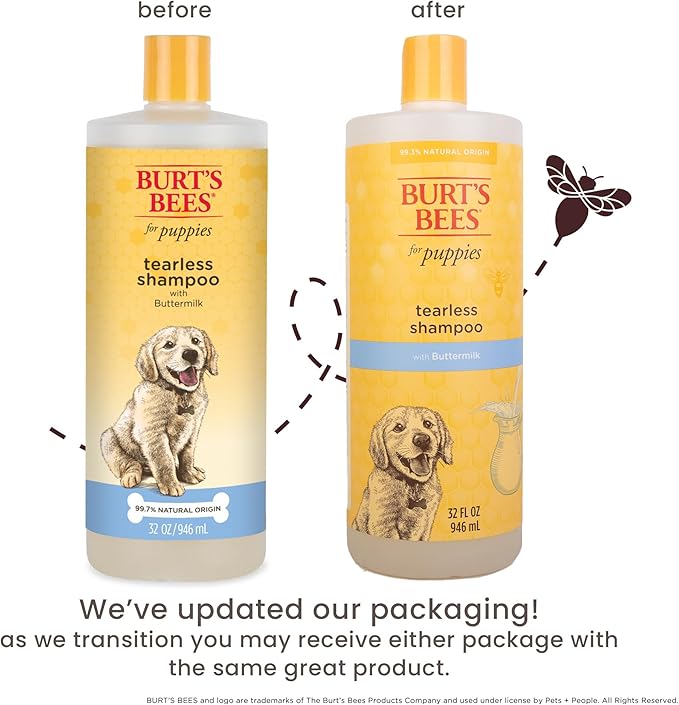 BURT'S BEES FOR PETS Tearless Puppy Shampoo with Buttermilk, 95% Natural Origin Formulas, Shampoo for Puppies - Gentle Dog and Puppy Shampoo Tear Free, Best Puppy Shampoo Tearless, 32 oz