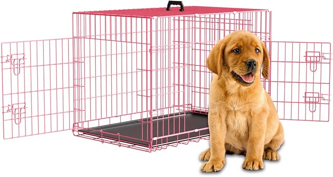 Dog Crate 36" Metal Wire Dog Cage Double Door Folding Dog Kennel with Divider Panel, Leak-Proof Plastic Pan, Foldable Travel Pet Crate for Small Medium Breed Dogs Animals,Pink