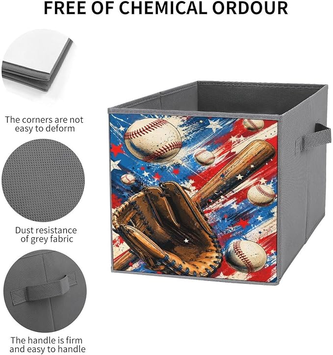 Baseball Glove Bat And Balls Storage Bin with Handles, Oxford Fabric Foldable Storage Cube Organizer for Clothes, Towels, Bedroom, Living Room, Home Organization