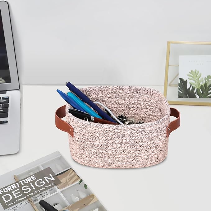 ABenkle Small Storage Basket, Mini Baskets with Handle, Cute Cotton Woven Baskets for Shelves, Boho Decorative Toy Storage Bin for Nursery, Spa, Empty Gift Basket - XS, Mixed Brown