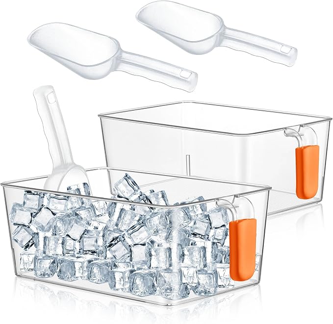 Havawish Ice Storage Bin and Flexible Scoop Set Plastic Freezer Bin | Freezer Ice Bin Scoop, Clear Bucket Container, Pull Handle, Flexible Storage, 10.83 X 7 X 4.33 in