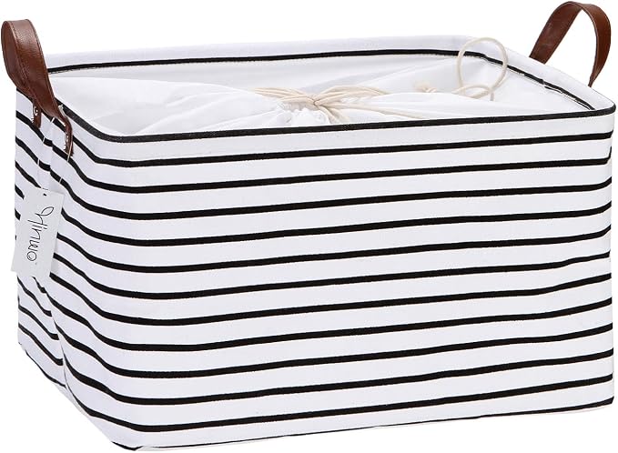Hinwo 31L Large Canvas Storage Bin with Lid and Handles | Collapsible Fabric Basket, Closet Shelf Organizer, Container for Clothing, Blankets, Toys, Bedding (Black Stripe)