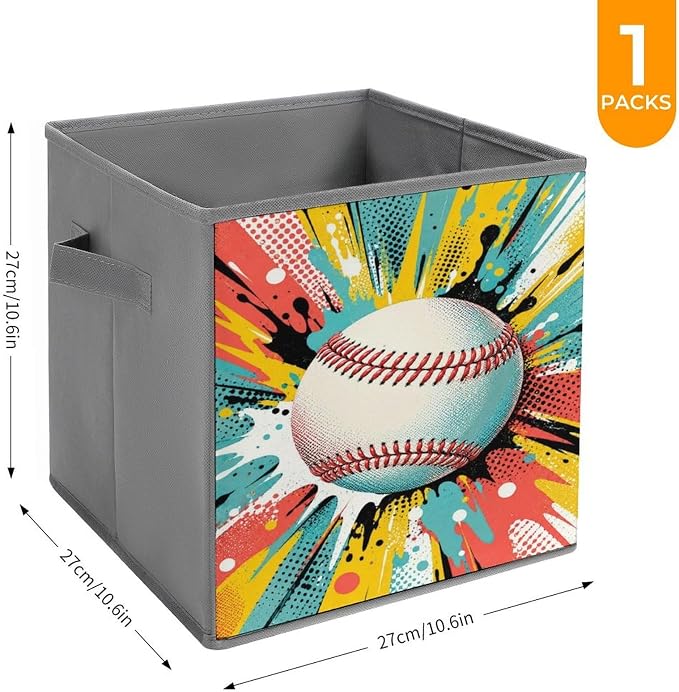 Baseball Pop Art Design Storage Bin with Handles, Oxford Fabric Foldable Storage Cube Organizer for Clothes, Towels, Bedroom, Living Room, Home Organization