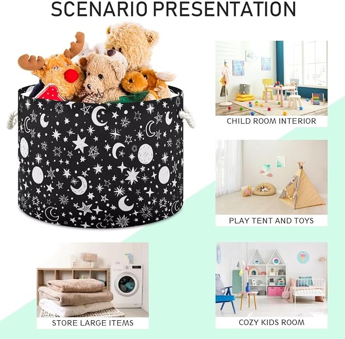 Stars Moon Print Collapsible Round Storage Basket with Handles | Black White Gothic Large Laundry Baskets Hamper, Clothes Organizer Bin for Bedroom Living Room Decor, 20x 20x 14 Inches