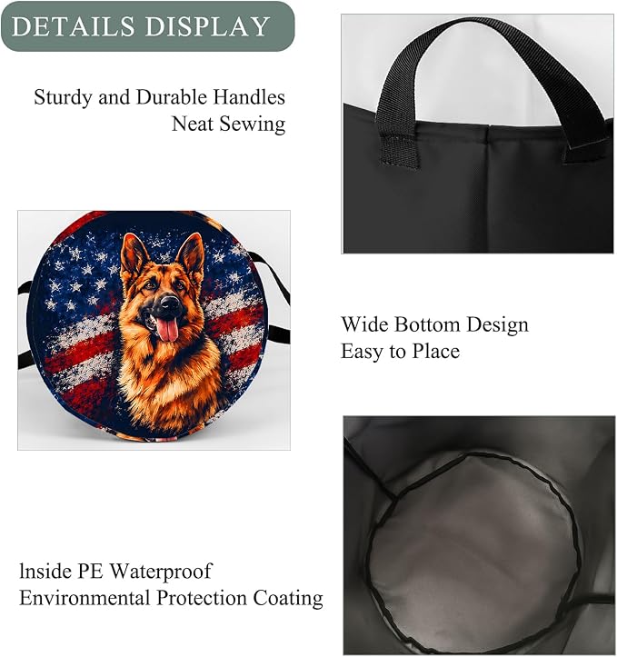 German Shepherd Flag Laundry Basket Hamper, Organizer Bins Gifts for Women Kids, Patriotic Foldable Dog Waterproof Clothes Hamper Handles Storage Bucket for Bedroom Bathroom Room Decor 19.7"x15.7"
