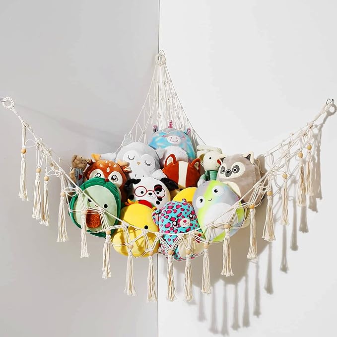Stuffed Animal Storage Macrame Boho Plush Toy Net Hammock Room Decor | Stuffed Animals Hammock Plushie Net for Stuffed Animals Corner Hanging Holder Teddy Bear Net for Kids Girls Room Decor