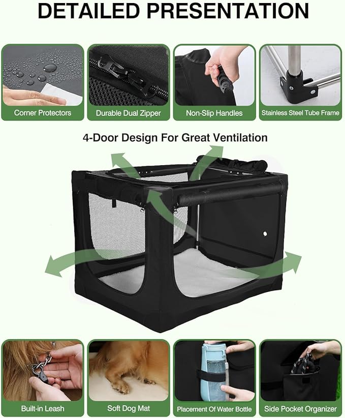 Veraste 30" Soft Collapsible Travel Dog Crate for Medium Dogs,Black | 4-Door Foldable Travel Crate,breathable mesh, foldable with storage bag