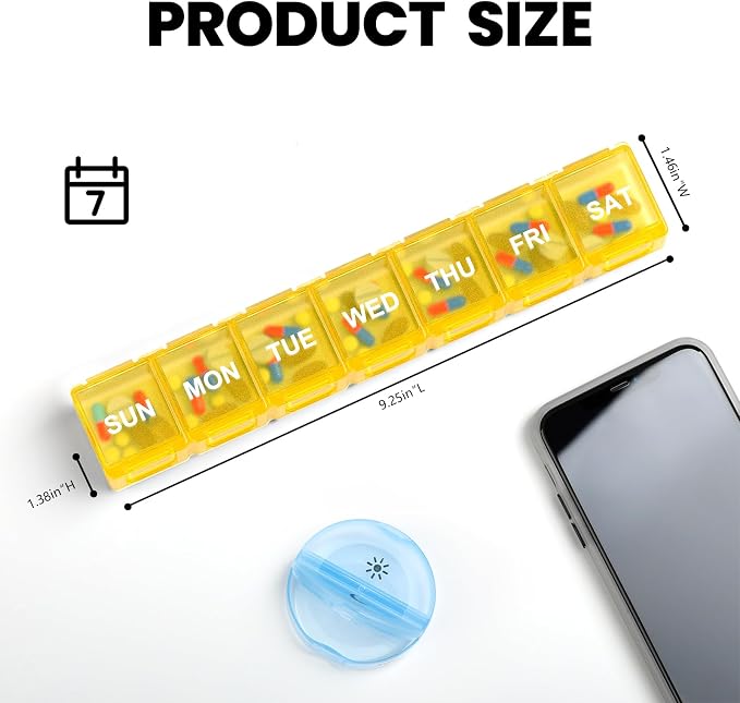 Sukuos Extra Large Daily Pill Organizer 7 Day, Easy to Open Weekly Pill Box Case, Portable Medicine Organizer with Clear Lid for Vitamins, Fish Oils or Supplements (Yellow)