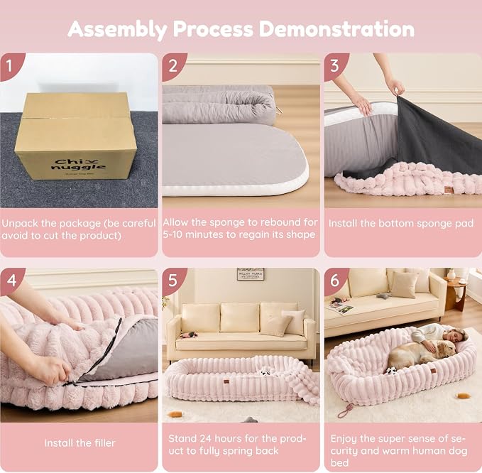 ChiXnuggle Orthopedic Human Dog Bed,Striped Faux Fur Washable Cover,Blanket | pink,72*40*10,giant dog bed for adult or extra large dogs,egg crate foam,non-slip bottom