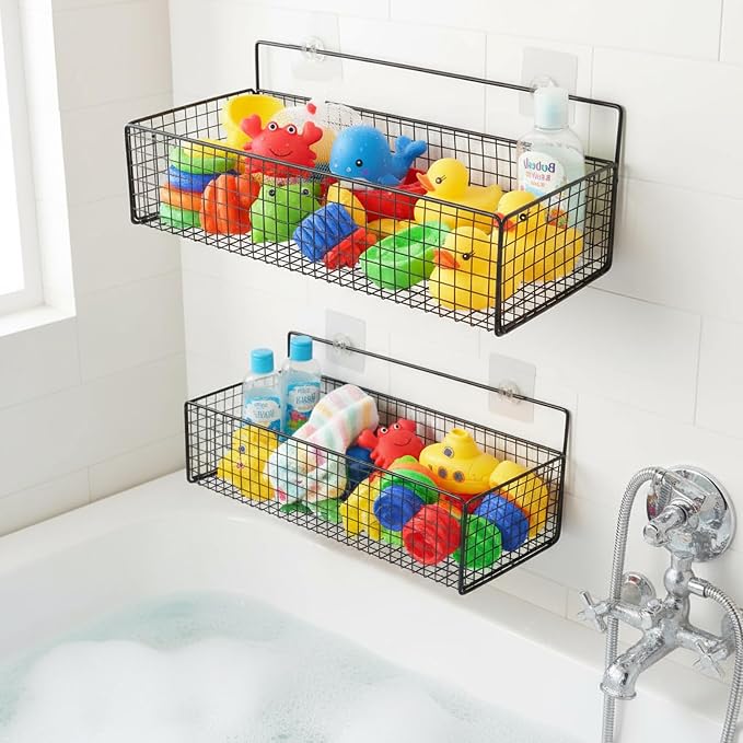Bath Toy Storage, 2 Pack Metal Mesh Bath Toys Organizer for Bathtub Wall & Shower, Large Capacity Shower Toys Holder with Rustproof Hanging Basket Design for Restroom, Toilet, Bathroom, Kitchen-Black