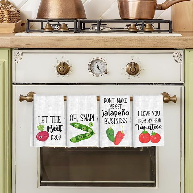 4 Pcs Funny Vegetable Kitchen Towels 24x14 Inch, Chili Carrot Pepper Tomato Decor Microfiber Reusable Tea Towels for Kitchen Farmhouse, Durable Waffle Dish Drying Towel, Plant Gifts for Women Mom
