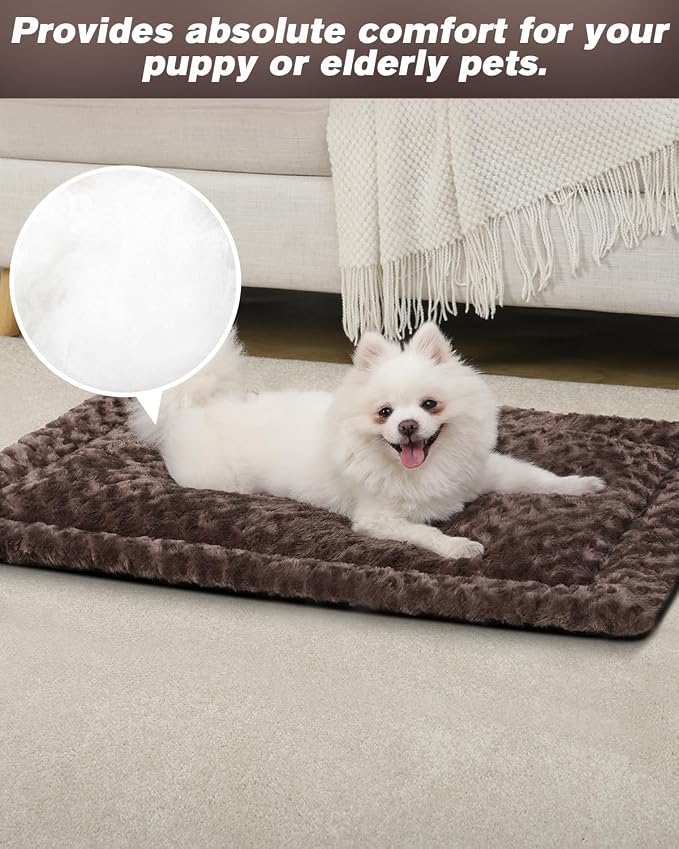 Exsnugy Washable Dog Bed Mat Large Size Fluffy Pet Crate Pad 42x28 XL | Non-Slip Bottom Kennel Beds Ultra Soft Comfy Sleeping Mattress for Large Medium Small Dogs Brown