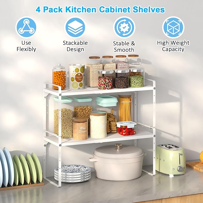 15.5 to 25.5 Inch Kitchen Cabinet Shelf Organizers，Kitchen Shelf Organizer | Adjustable Counter Organizer, Set of 4 Expandable Countertop Storage Shelves, Stackable Design, 30LBS Heavy Duty, Space Saver