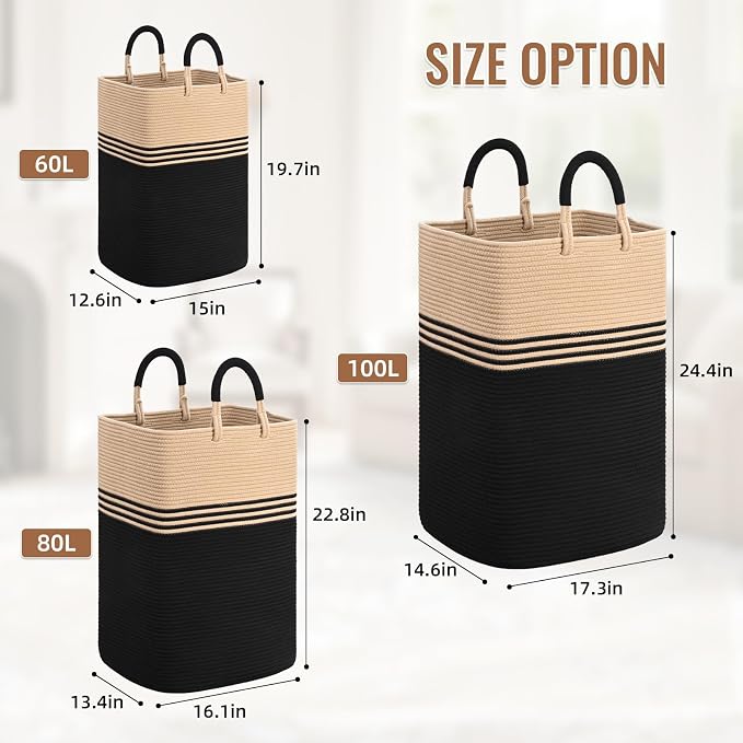 Laundry Basket Hamper,Blanket Storage,Dirty Clothes Hamper with Swivel Handles,Woven Cotton Rope Toy Baskets,Blanket Basket Living Room,Decorative Hampers for Nursery,Bedroom,Brown & Black,80L