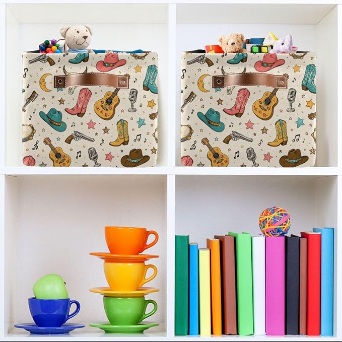 Kigai Storage Basket, Fabric Collapsible Closet Organizer Bin | Western Print Waterproof Foldable Canvas Basket with Handles for Shelves, Nursery, Closet, Bedroom & Bathroom