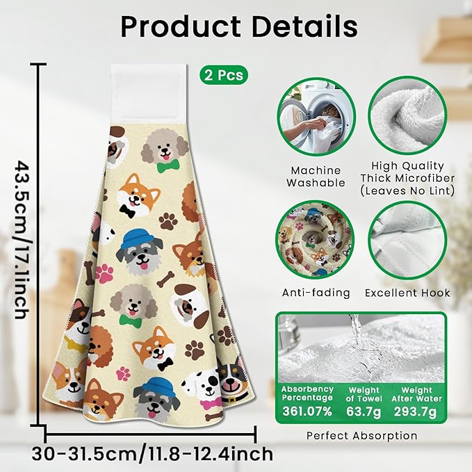 CUTHOLLOW Cute Cartoon Puppy Hanging Kitchen Towels with Loop, Set of 2 - Soft & Super Absorbent Microfiber Decorative Hanging Dish & Hand Towel, Tea, Coffee Towel for Kitchen Bathroom Oven Handle