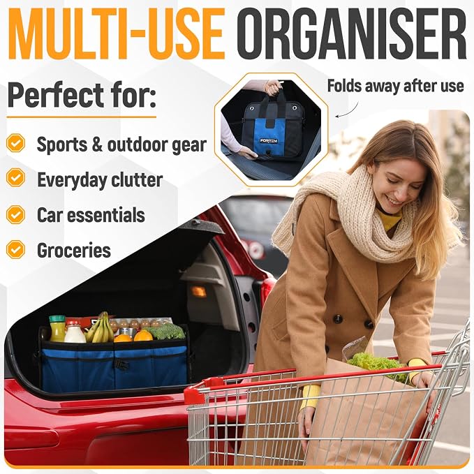 FORTEM Trunk Organizer - Collapsible Car Organizer & Storage Bag for SUVs | Car Accessories for Men & Women, Cooler Bag, Non Slip Bottom, Straps, Soft Cover, 1680D Oxford, 3 Compartments, Blue, 50L