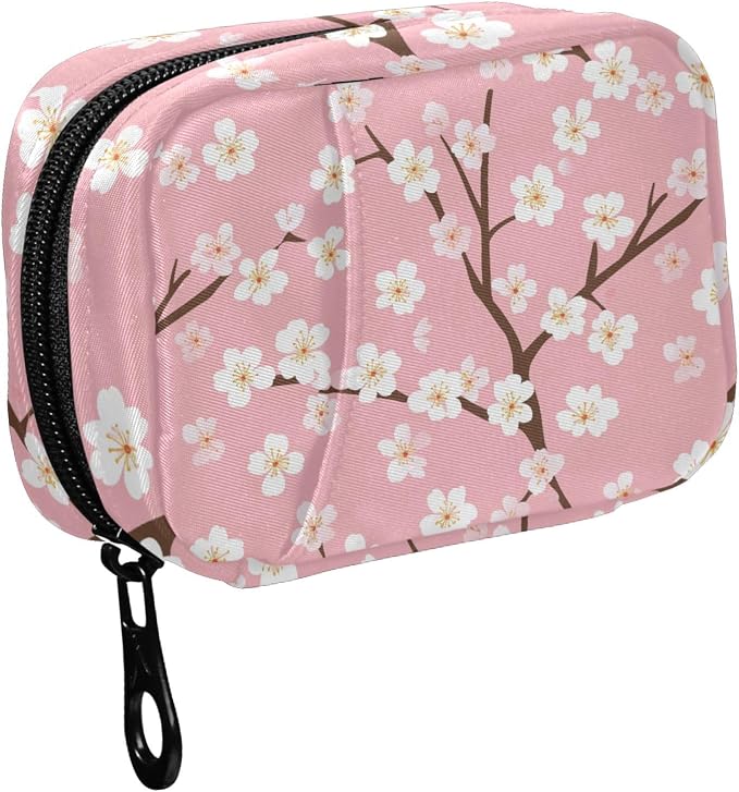 Fustylead White Cherry Blossoms on Pink Background Pill Organizer Case with Zipper 2 Times A Day for Vitamin and Supplement, 7 Day Travel Organizer Medicine Case