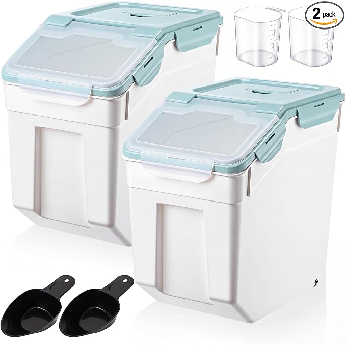 Sunnyray 2 Pcs 55 lbs Grain Rice Storage Container Flour Bin with Wheels Cup Leak Proof Pet Food Storage Boxes Seal Locking Lid Plastic Rice Containers Set for Cereal Flour Cat Dog Food (Blue)