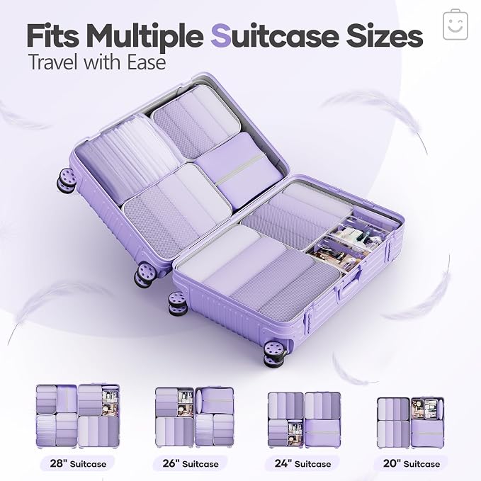 Veken 9/11 Set Compression Packing Cubes Garment Bags for Travel Essentials,Compressible Expandable Luggage Organizer Bags for Clothing,Space Saver Bags with Over 1000 pcs of Mesh Holes(Light Purple)