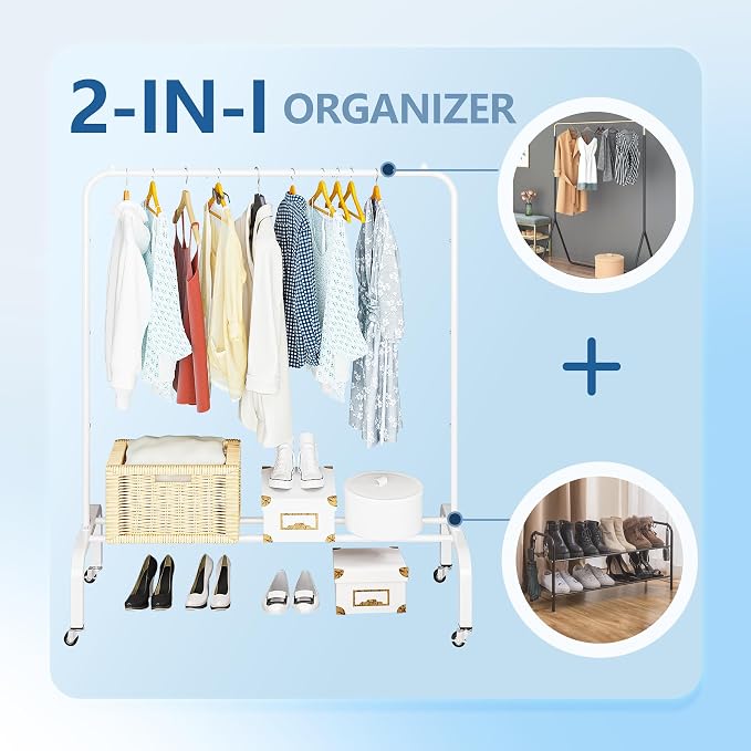 Metal Clothing Rack with Wheels, 43.3 Inches Rolling Clothes Garment Coat Rack with Bottom Shelf, Clothing Rack for Hanging Clothes, Coats, Skirts, Shirts, Sweaters, White
