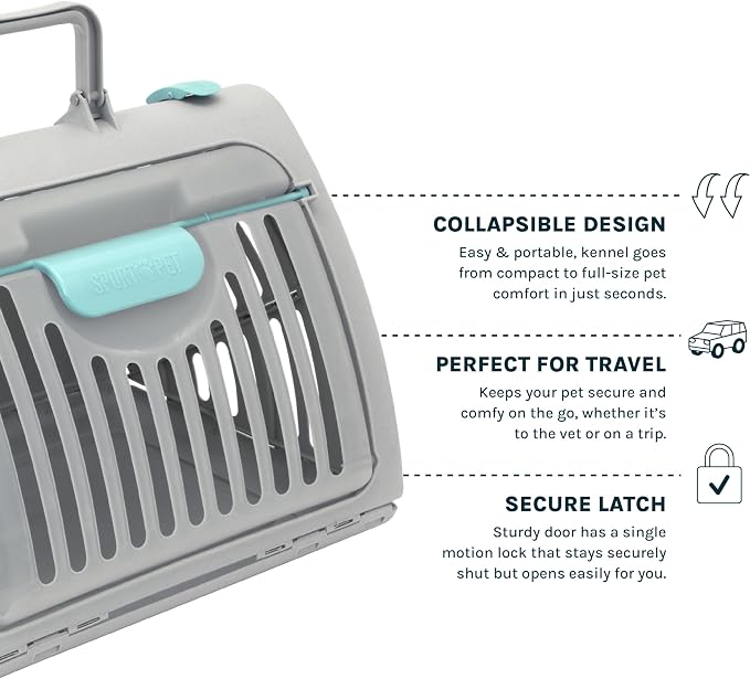 SportPet Large Hard-Sided Travel Cat Carrier - Cat Carrier with Patented Wide Side-Opening Door, Foldable Portable Pet Carrier with Removable Bed for Cats & Small Pets up to 25lbs - Gray